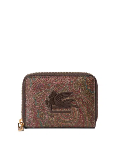 Etro Paisley Printed Logo Embroidered Coin Holder In Brown