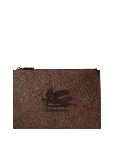 Etro Paisley Printed Logo Embroidered Pouch In Brown