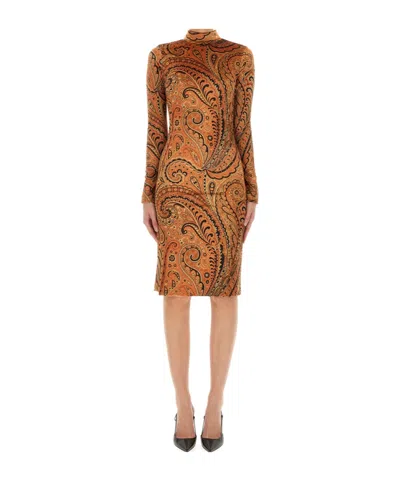 Etro Paisley-printed Long Sleeved Midi Dress In Brown