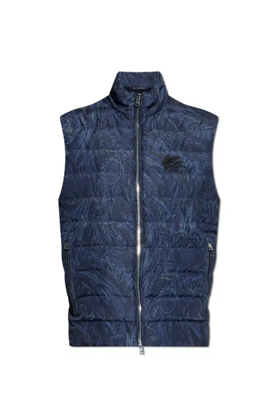 Etro Paisley Print Zip-up Quilted Vest In Blue
