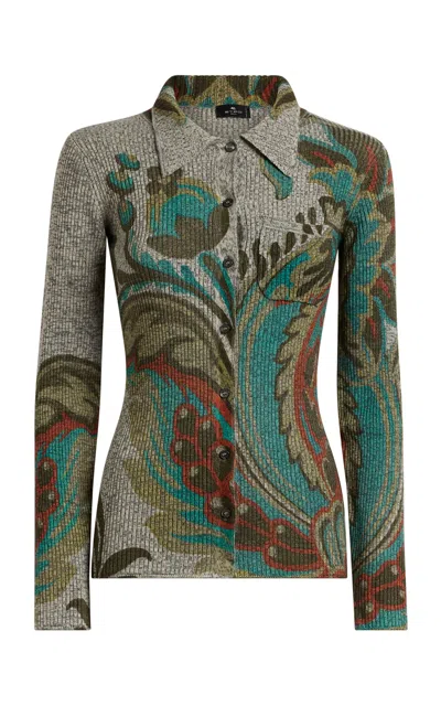 Etro Paisley-printed Wool Knit Shirt In Green