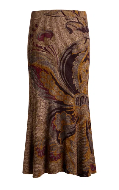 Etro Paisley-printed Wool Knit Skirt In Brown