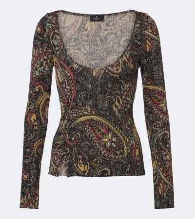 Etro Ribbed Sweater With Floral Paisley Motif In Black
