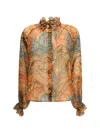 Etro Sheer Chiffon Shirt Paisley Ruffle Neckline In Multi