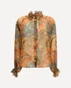Etro Sheer Chiffon Shirt Paisley Ruffle Neckline In Orange