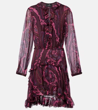 Etro Paisley Ruffled Silk Minidress In Brown