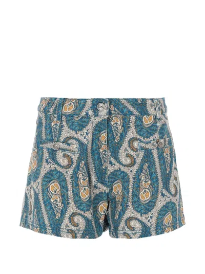 Etro Paisley Denim Shorts Belt Loops Pockets In Blue