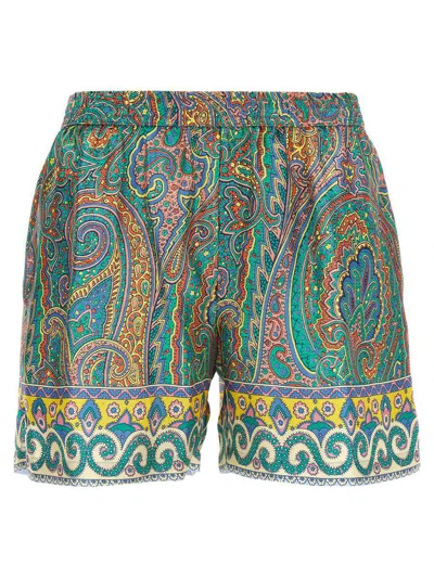Etro Elastic Waistband Paisley Print Relaxed Fit Shorts In Green