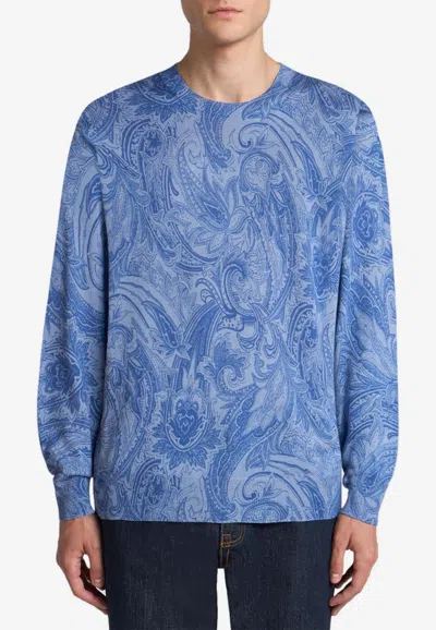 Etro Silk And Cashmere Sweater With Floral Arnica Motif In Blue