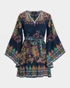 Etro Paisley Silk Belted Bell-sleeve Mini Dress In Blue