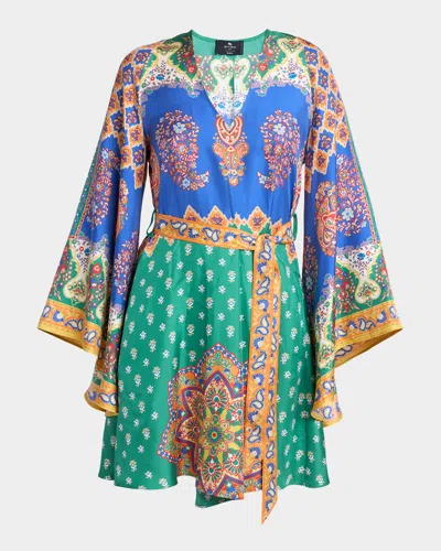 Etro Paisley Silk Belted V-neck Mini Dress In Multi
