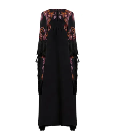 Etro Paisley Caped Fringed Silk Gown In Schwarz