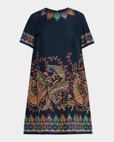 Etro Women Blue Paisley-print Habotai Silk Tunic Short Dress In Multi