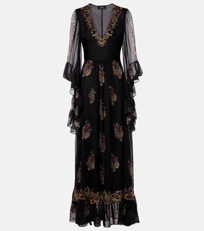 Etro Paisley Silk Maxi Dress In Blue