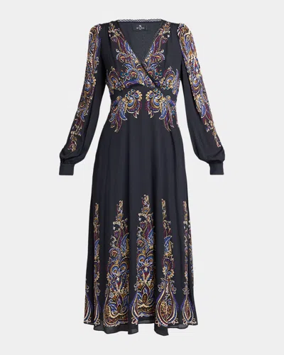 Etro Paisley Silk Midi Dress In Black