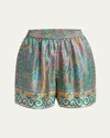 Etro Paisley Silk Shorts With Intricate Hem Detailing In Green Print