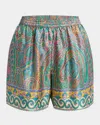 Etro Paisley Silk Shorts With Intricate Hem Detailing In Green Print
