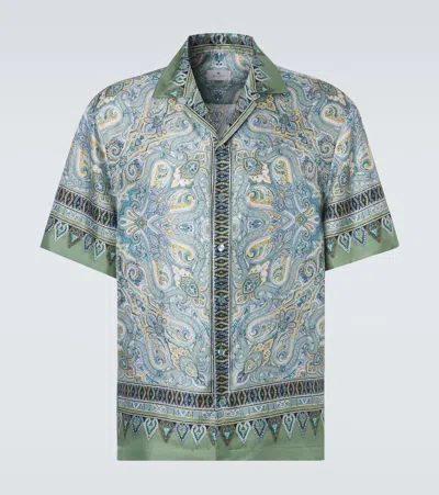 Etro Silk Bowling Shirt Short Sleeves Paisley Trim In Green