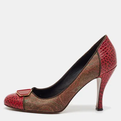 Pre-owned Etro Paisley Size 40 Red/brown Coated Canvas And Croc Embossed Leather Pumps