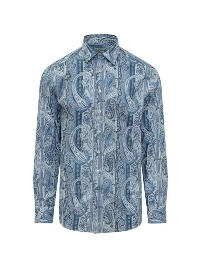 Etro Slim Fit Shirt With Micro Paisley In Blue