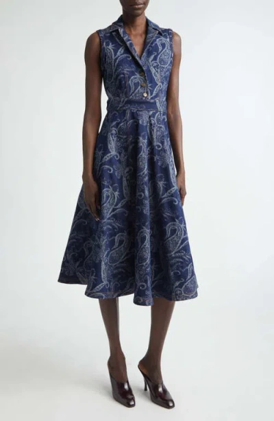 Etro Paisley Stretch Denim Midi Dress In Blue