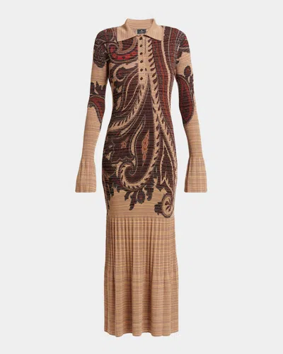 Etro Paisley Stripe Pleated Knit Midi Polo Dress In Brown