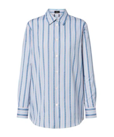 Etro Paisley Striped Cotton Shirt In Blue