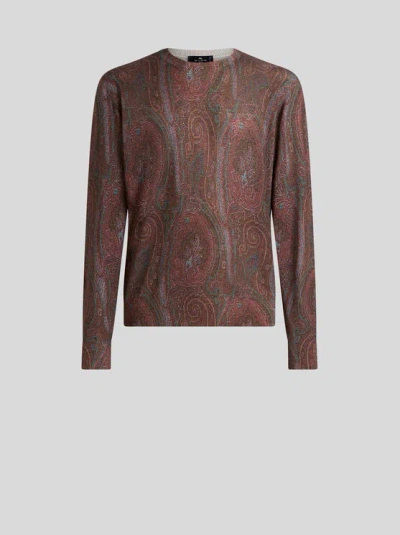 Etro Paisley Sweater In Silk And Cashmere Blend In Brown