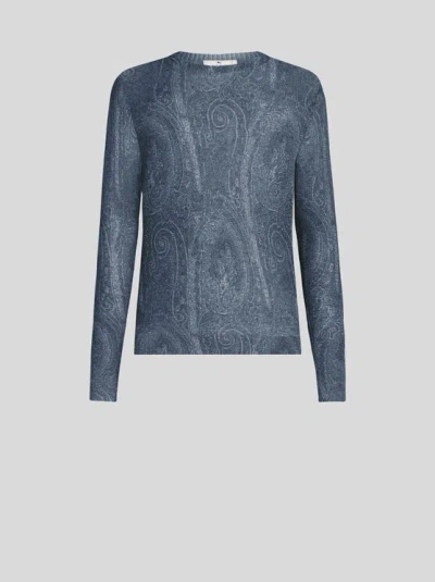 Etro Silk Blend Crew Neck Sweater With Paisley Embroidery In Blue
