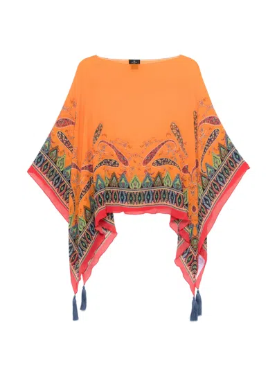 Etro Orange Cape With Front And Rear Print And Tassel Details In Silk Woman In Multi