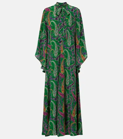 Etro Silk Long Dress With Silk Scarf And Floral Paisley Motif In Green