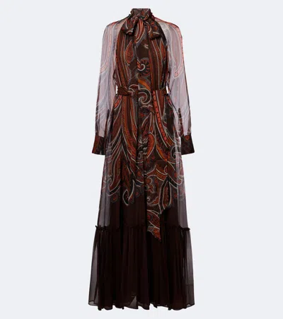 Etro Paisley Print Maxi Silk Dress With Tie-neck In Brown