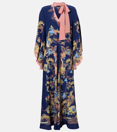 Etro Paisley Tie-neck Silk Maxi Dress In Blue