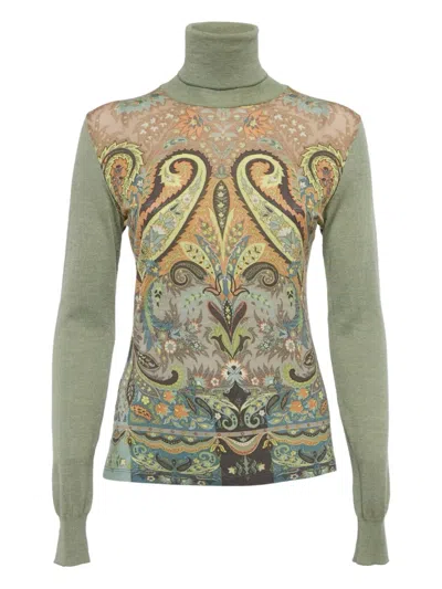 Pre-owned Etro Paisley Turtleneck Blouse In Green