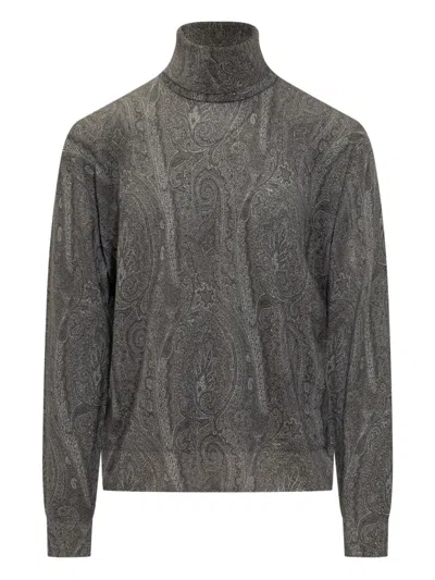 Etro Paisley Jacquard Turtleneck Jumper In Gray
