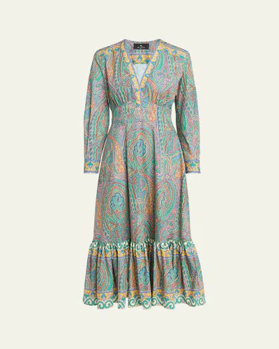 Etro Paisley V-neck Midi Dress In Green Print