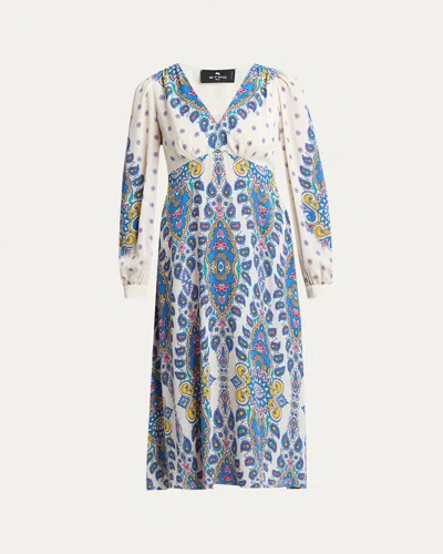 Etro Paisley V-neck Midi Dresses In Print On White Base