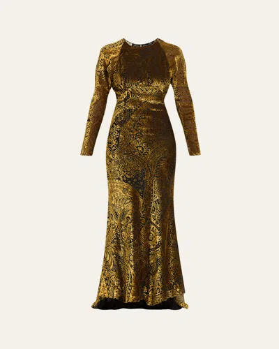 Etro Floral Paisley Motif Long Burnout Velvet Dress In Green
