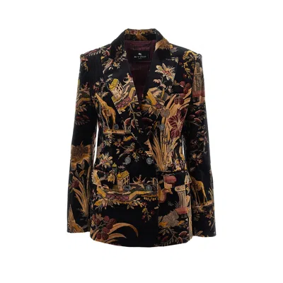 Etro Paisley Velvet Double-breasted Jacket In Black