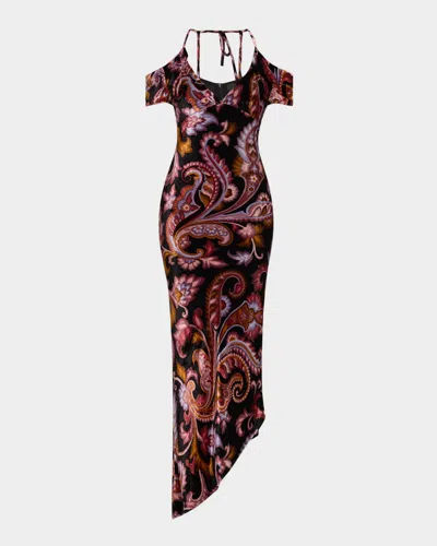 Etro Paisley Velvet Off-the-shoulder Asymmetric Dress In Print On Black Base