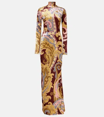 Etro Printed Velvet Long Dress In Burgundy