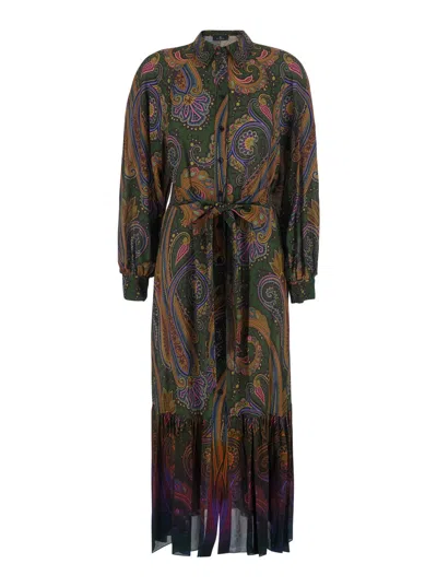 Etro Paisley Viscose Midi Dress With Classic Collar In Brown