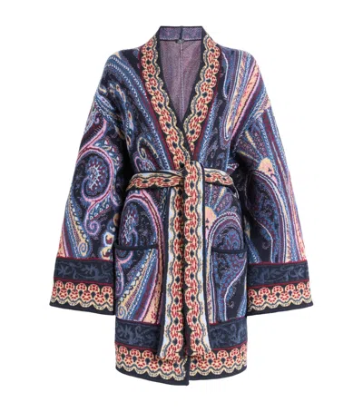 Etro Paisley Waist-belt Cardigan In Blue