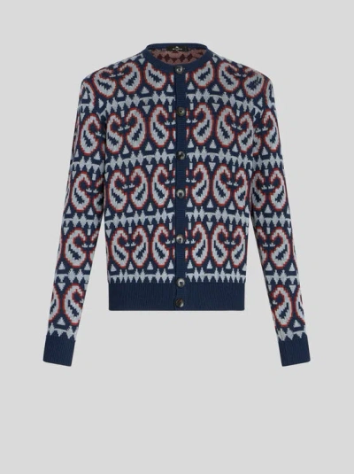 Etro Paisley-jacquard Cotton Blend Cardigan In Navy Blue