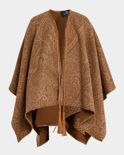 Etro Paisley Wool-cashmere Cape With Leather Tassels In Brown