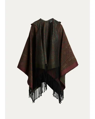 Etro Paisley Wool-blend Jacquard Hooded Cape In Brown