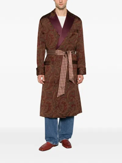 Etro Paisley-jacquard Belted Coat In Brown
