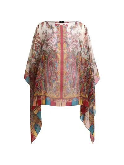 Etro Silk Poncho Top With Paisley Foliage Motif In Multi