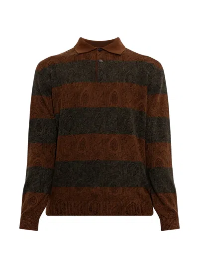 Etro Embroidered Striped Wool Polo Shirt For Men In Brown