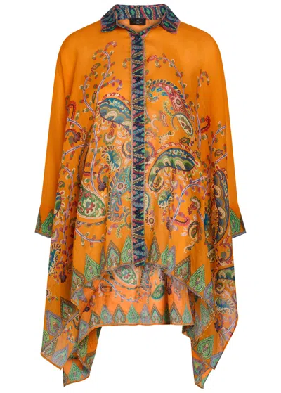 Etro Paisley-print Asymmetric Ramie Shirt In Orange